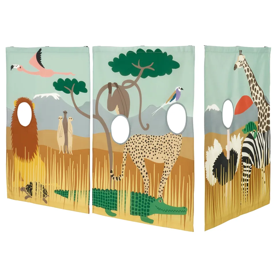 KURA bed curtains, safari theme, 3 panels, beige, polyester, rectangular slots.