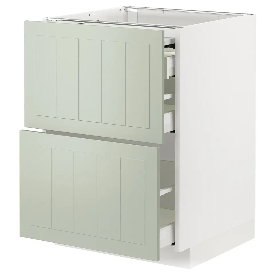 Ikea METOD kitchen unit in green with drawers and cabinet.