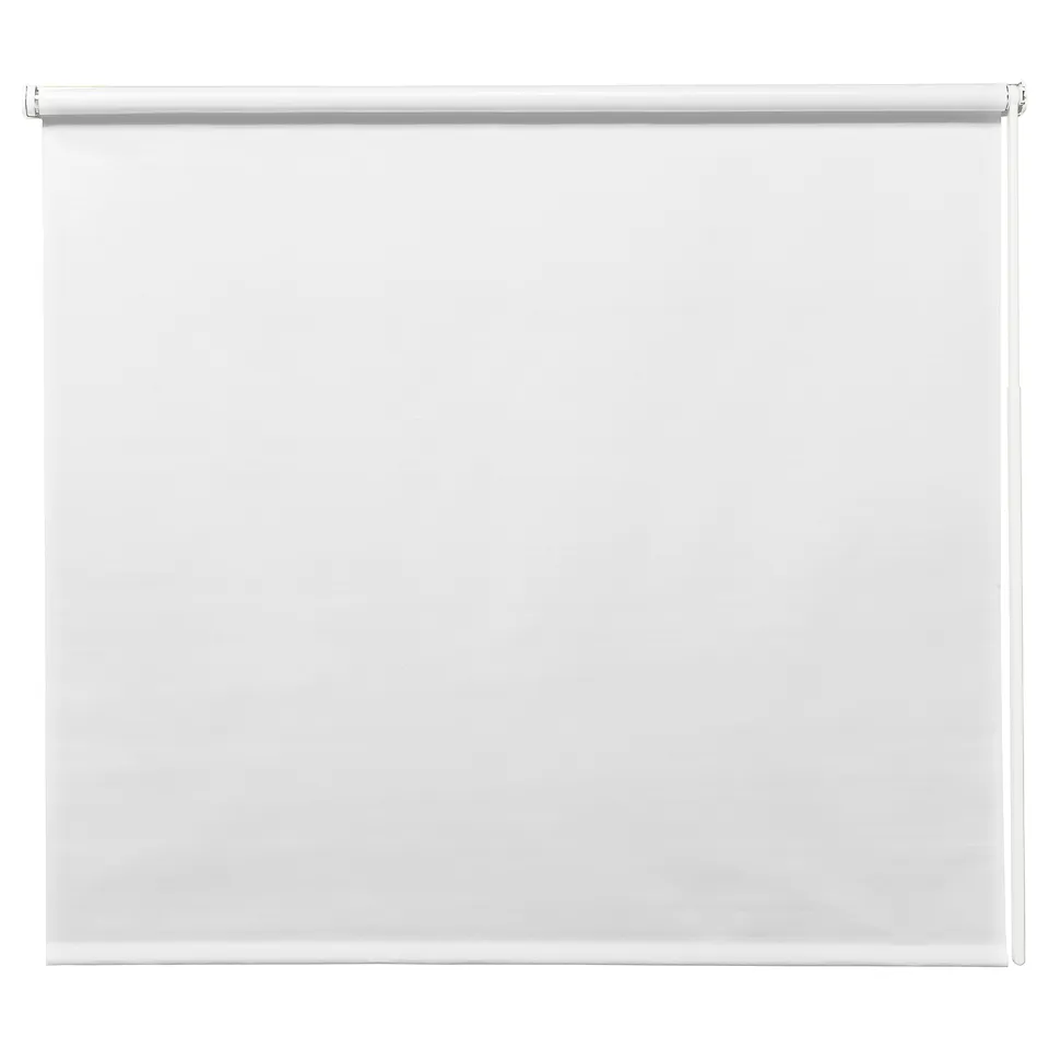 A white rectangular blockout roller blind, cordless, made from recycled polyester, designed to block light and provide privacy.