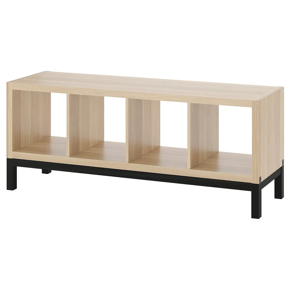 KALLAX light oak shelf unit, rectangular, black metal frame, open storage compartments.