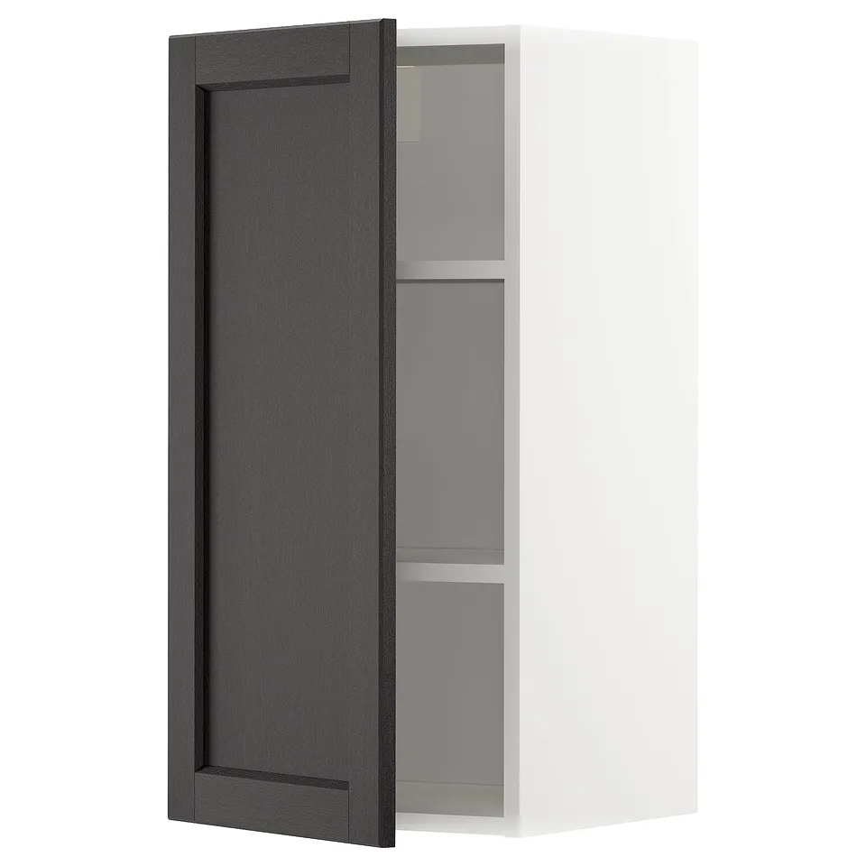 METOD kitchen wall cabinet, black-stained wood doors, white frame, adjustable shelves.