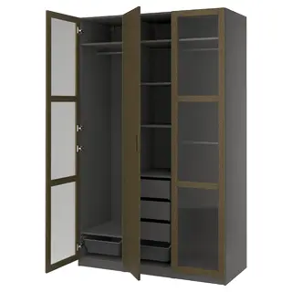 PAX / TONSTAD wardrobe combination, dark grey brown/stained oak veneer glass, 150x60x236 cm