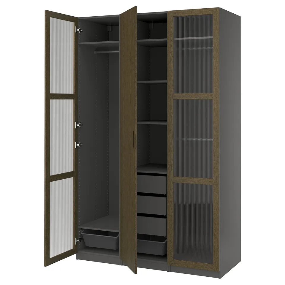 Grey PAX wardrobe with glass and wood doors, open showcasing shelves and storage.