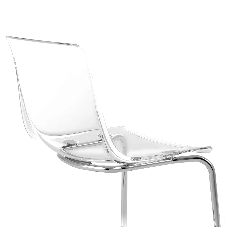 Transparent plastic chair with chrome legs, modern design.
