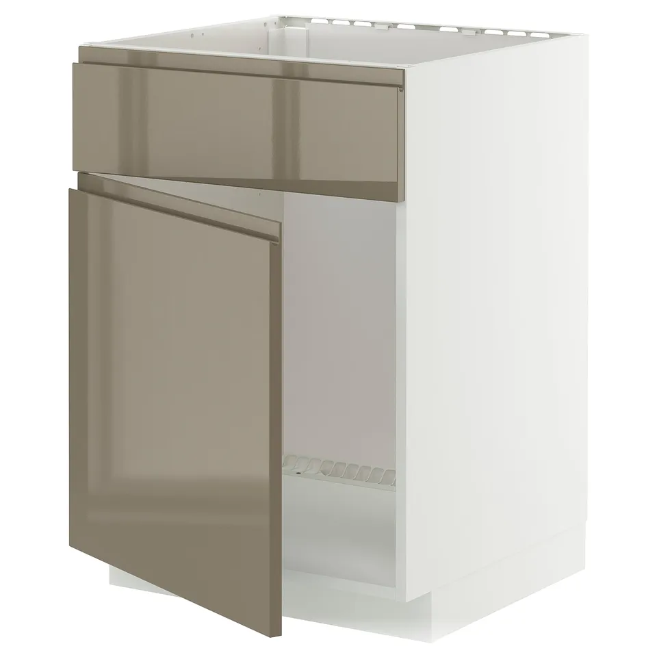 High-gloss dark grey-brown cabinet with sleek handles in a modern kitchen system.