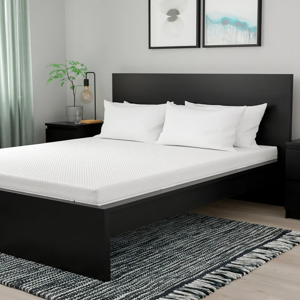 Modern bedroom with black mattress, white pillows, bedside table, lamp, plant, art.