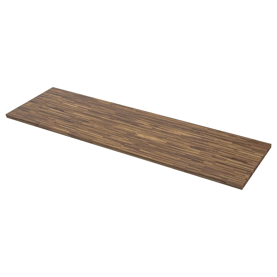 A PINNARP wood worktop. Its brown, rectangular, with a fine line design, made from oil-acrylic and walnut veneer particleboard.
