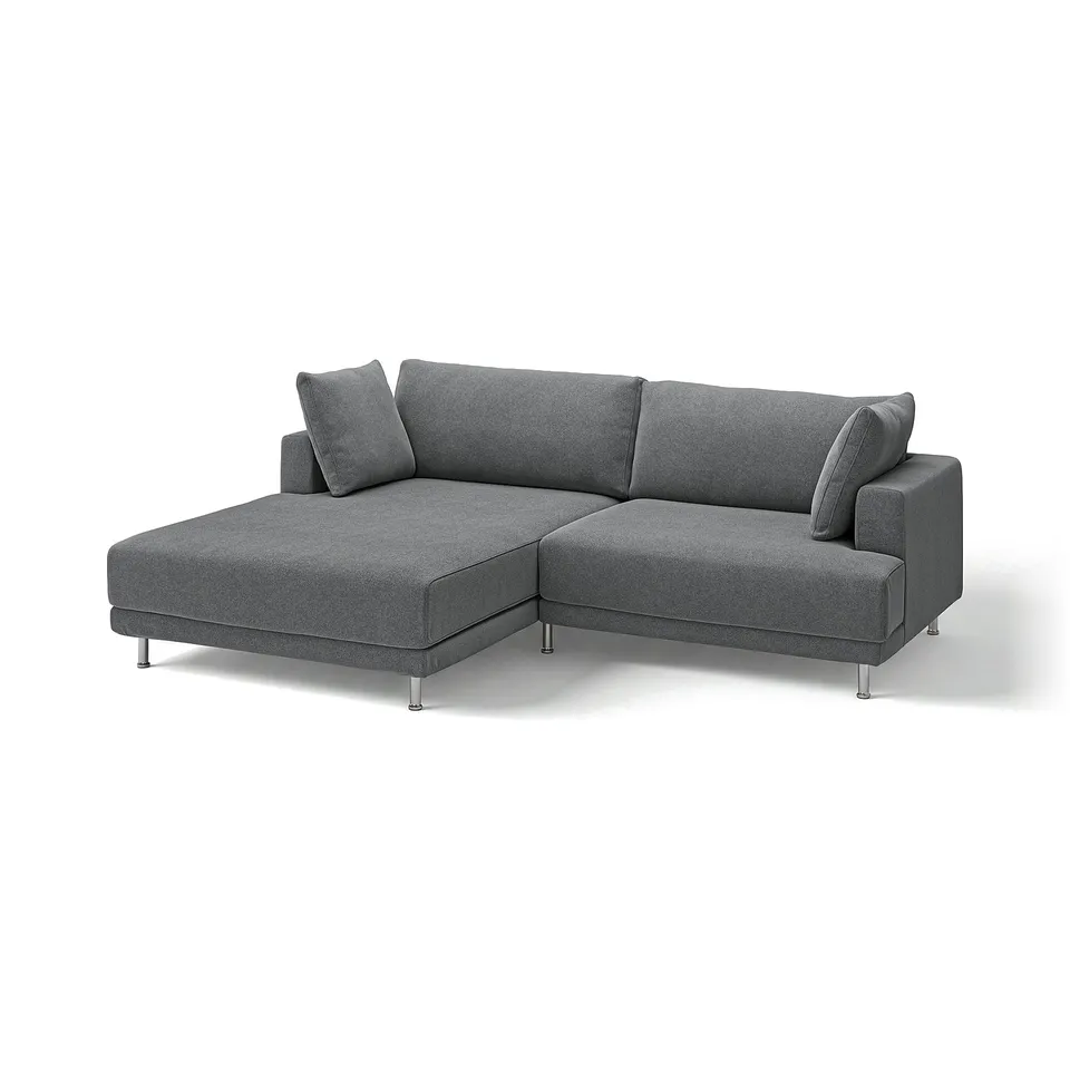 Modern l-shaped grey fabric sofa, with plush cushions, clean lines, and metal legs.