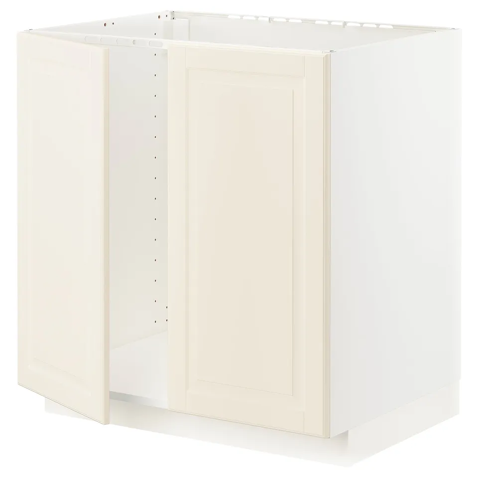 An ivory METOD kitchen cabinet with a bevelled edge door, featuring a sturdy frame and snap-on hinges.