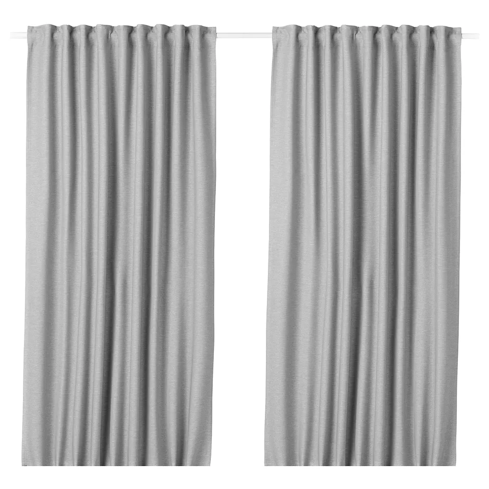 Pair of grey VILBORG room darkening curtains with linear texture. Textured fabric panels for a sleek design.