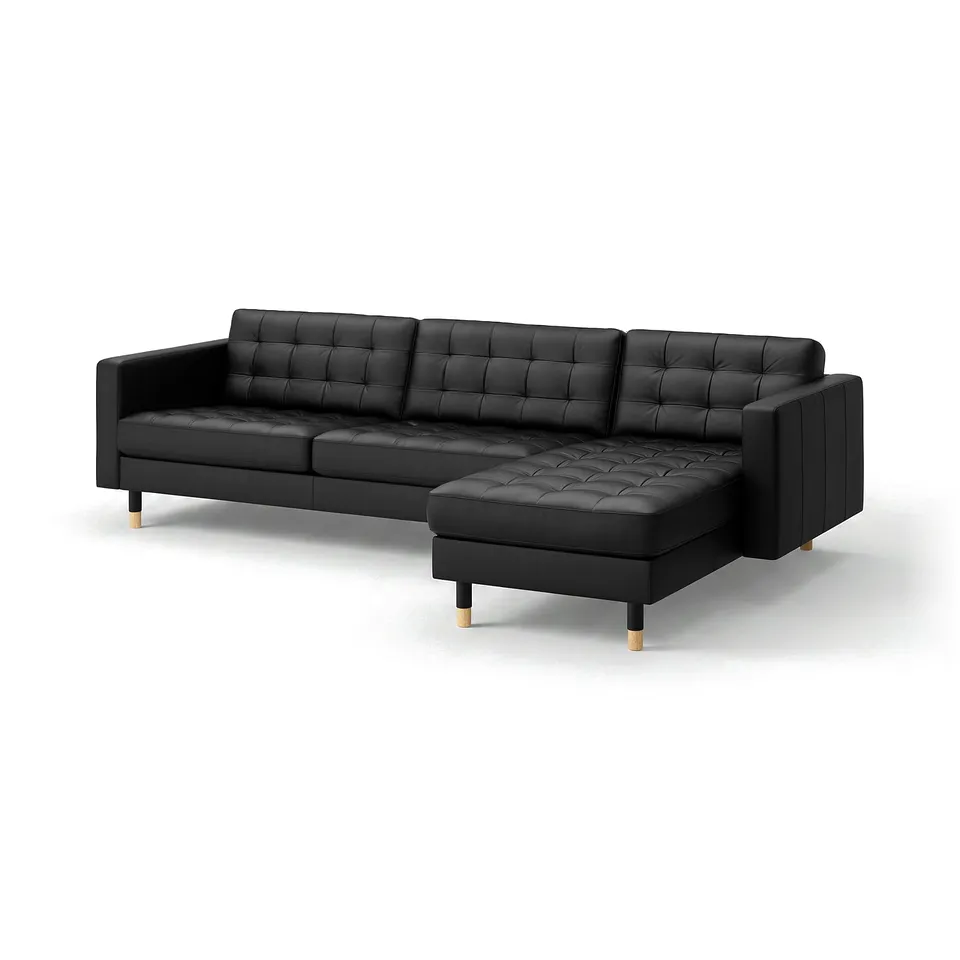 Black leather l-shaped sofa, modern design with button-tufted cushions, wooden legs.