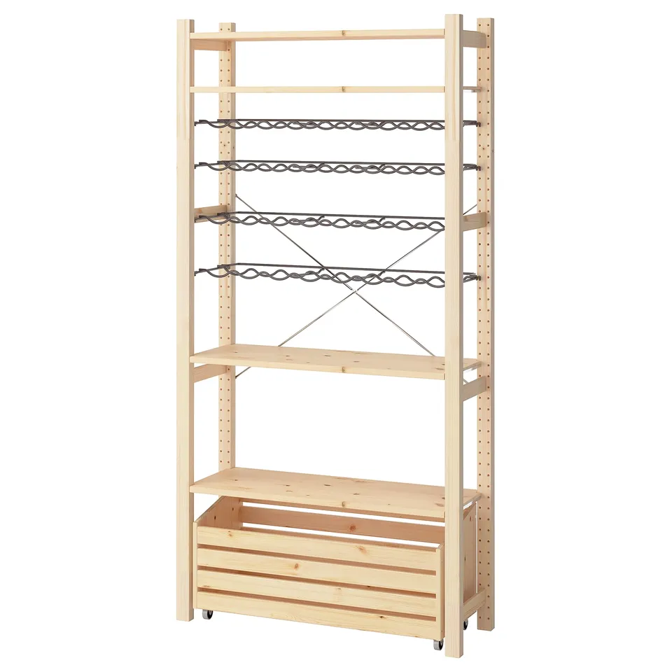 IVAR pine storage shelf unit, light wood, five shelves with adjustable metal rails, sturdy design.