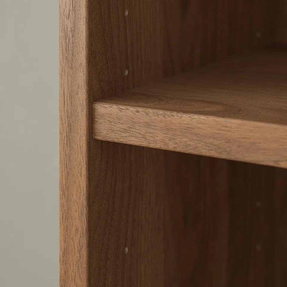 A close-up of a dark wood BILLY bookshelf, showcasing the smooth finish and strong construction.