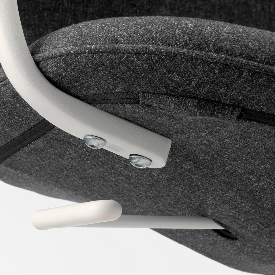 Close-up of sleek, modern office chair with adjustable seat and tilt, featuring grey upholstery and sturdy metal base.