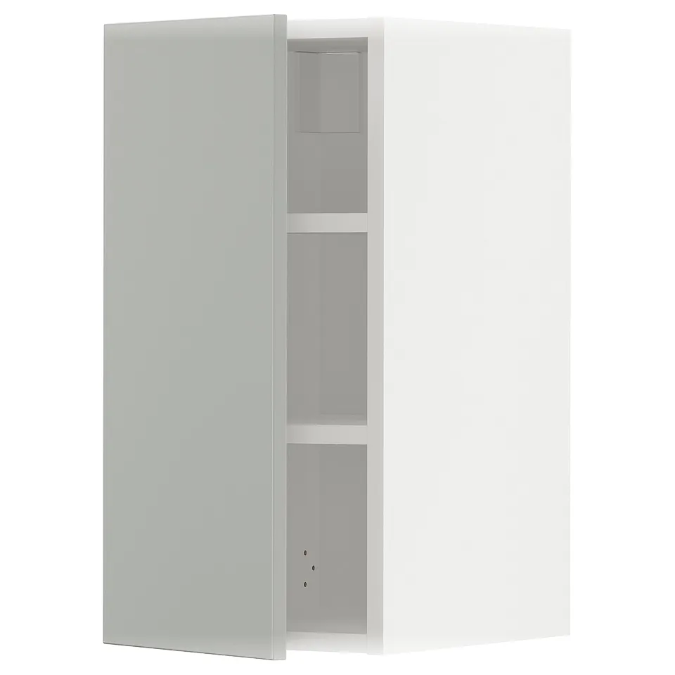 Modern light grey METOD kitchen cabinet, rectangular shape with open shelves.