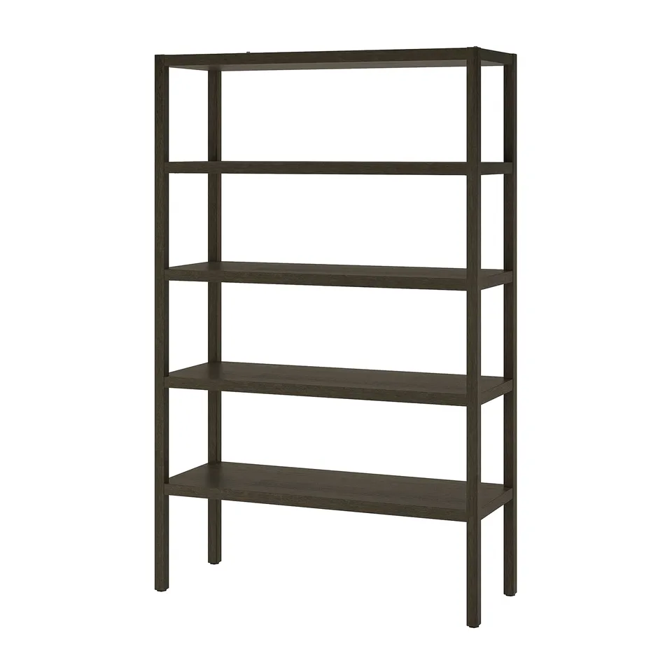 A dark wood STOCKHOLM 2025 shelving unit with five wide shelves. Its minimalist design adjustable feet for stability on uneven floors.