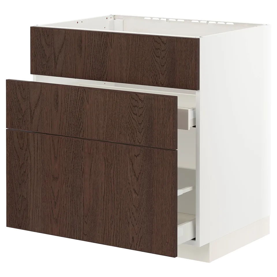 Modern kitchen unit, white with dark brown drawers, oak veneer, rectangular shape.