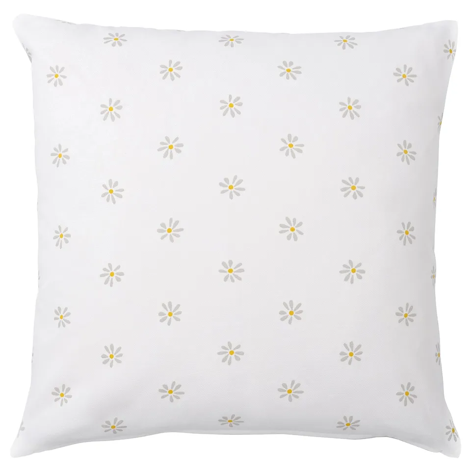 NATTSLÄNDA white cotton cushion, daisy print, square shape.