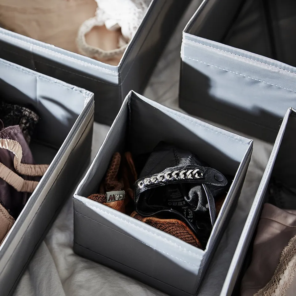 Type: boxes; brand: SKUBB; colour: grey; material: recycled polyester; shape: rectangular; design: organisers for small items.