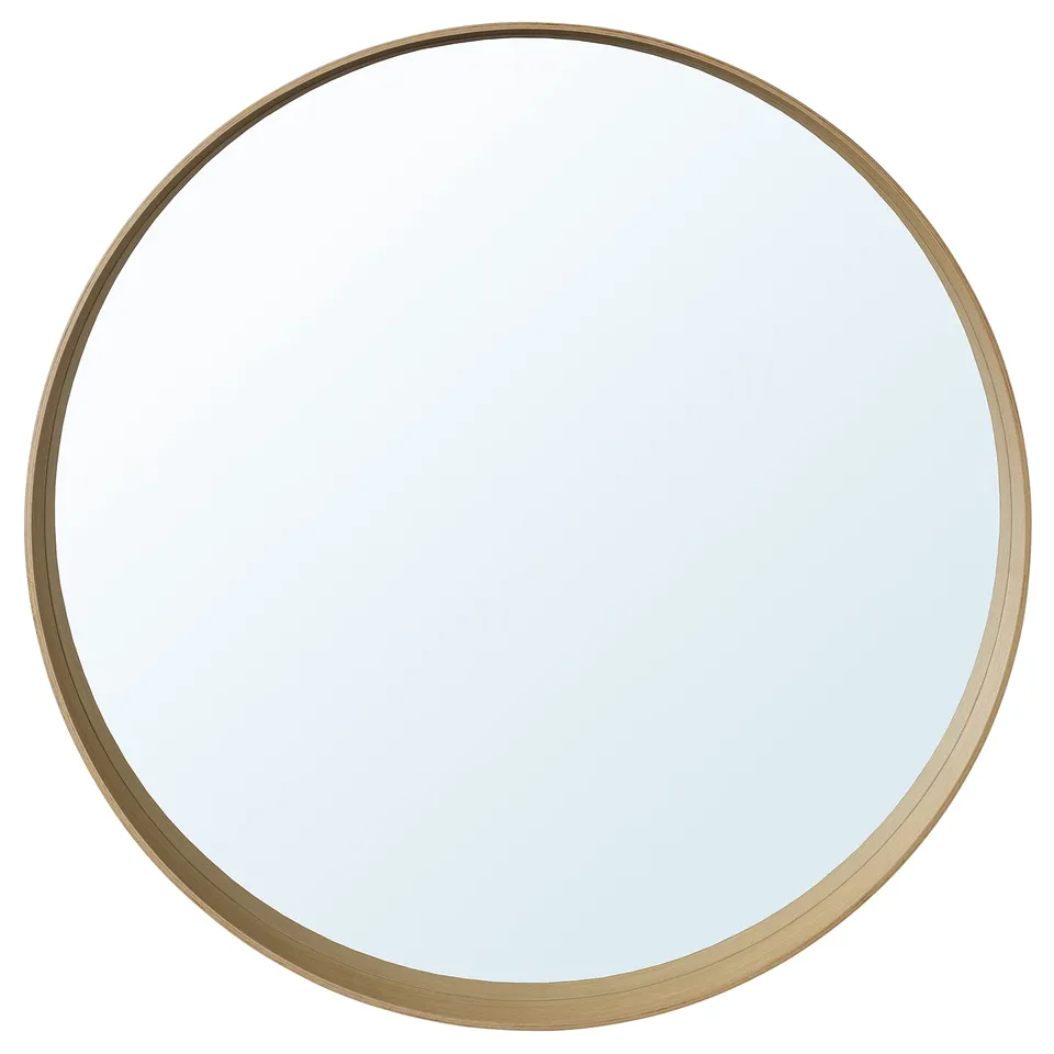 Round mirror in light brown oak frame with edge shelf.