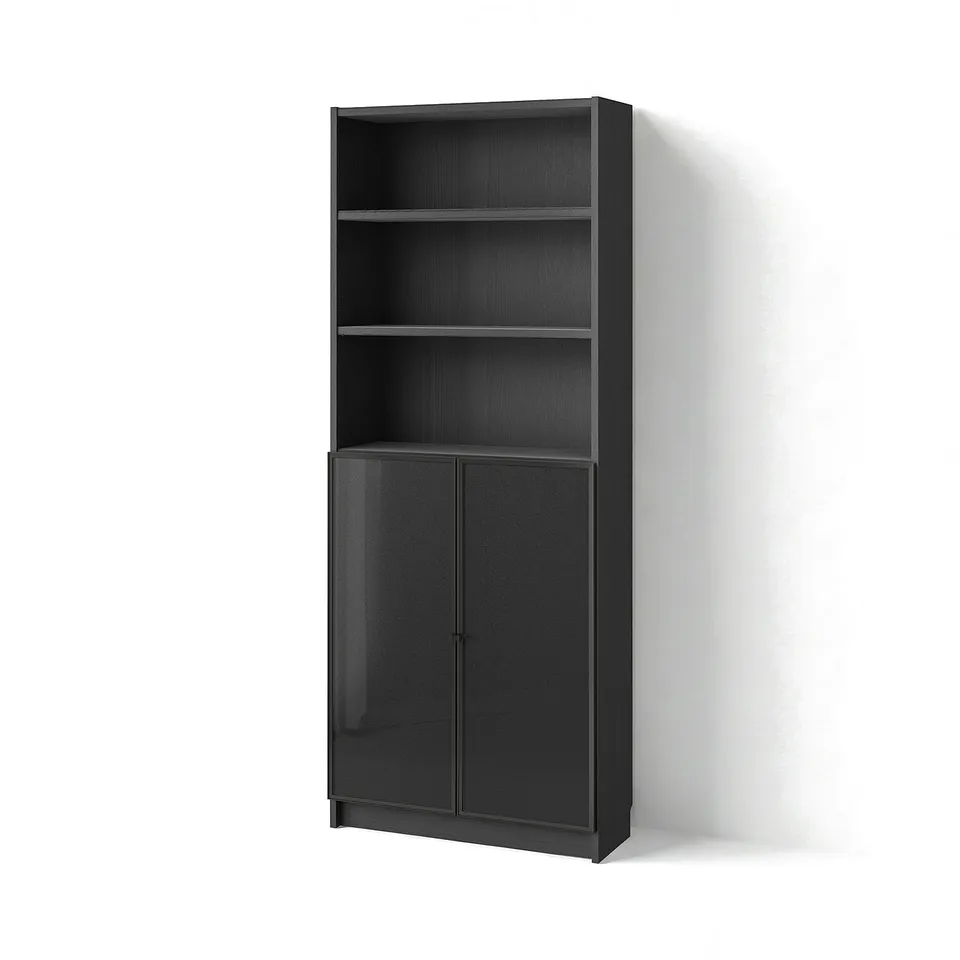 Black BILLY bookcase with glass doors against a white wall. Three open shelves, two glass doors.