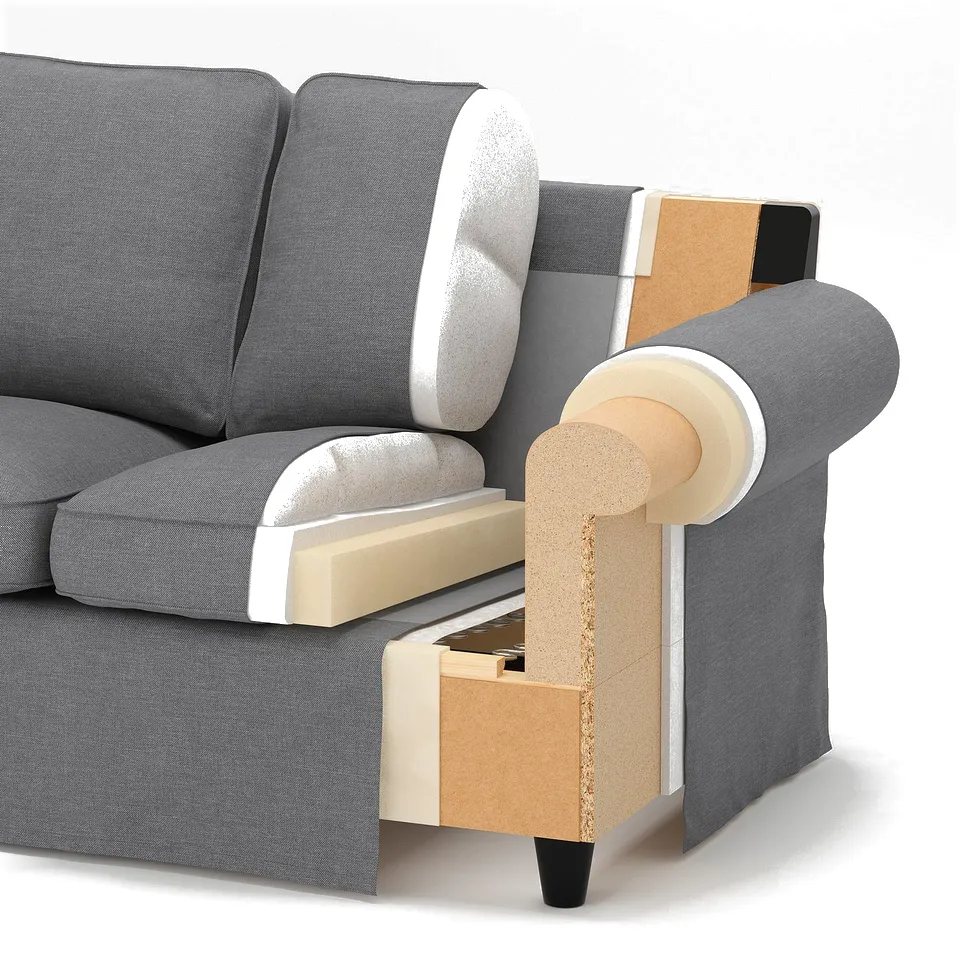 Exploded view of a 3-seat sofa, showing layers: grey fabric cover, foam padding, fibreboard, particleboard, wooden frame, and thin fabric lining.