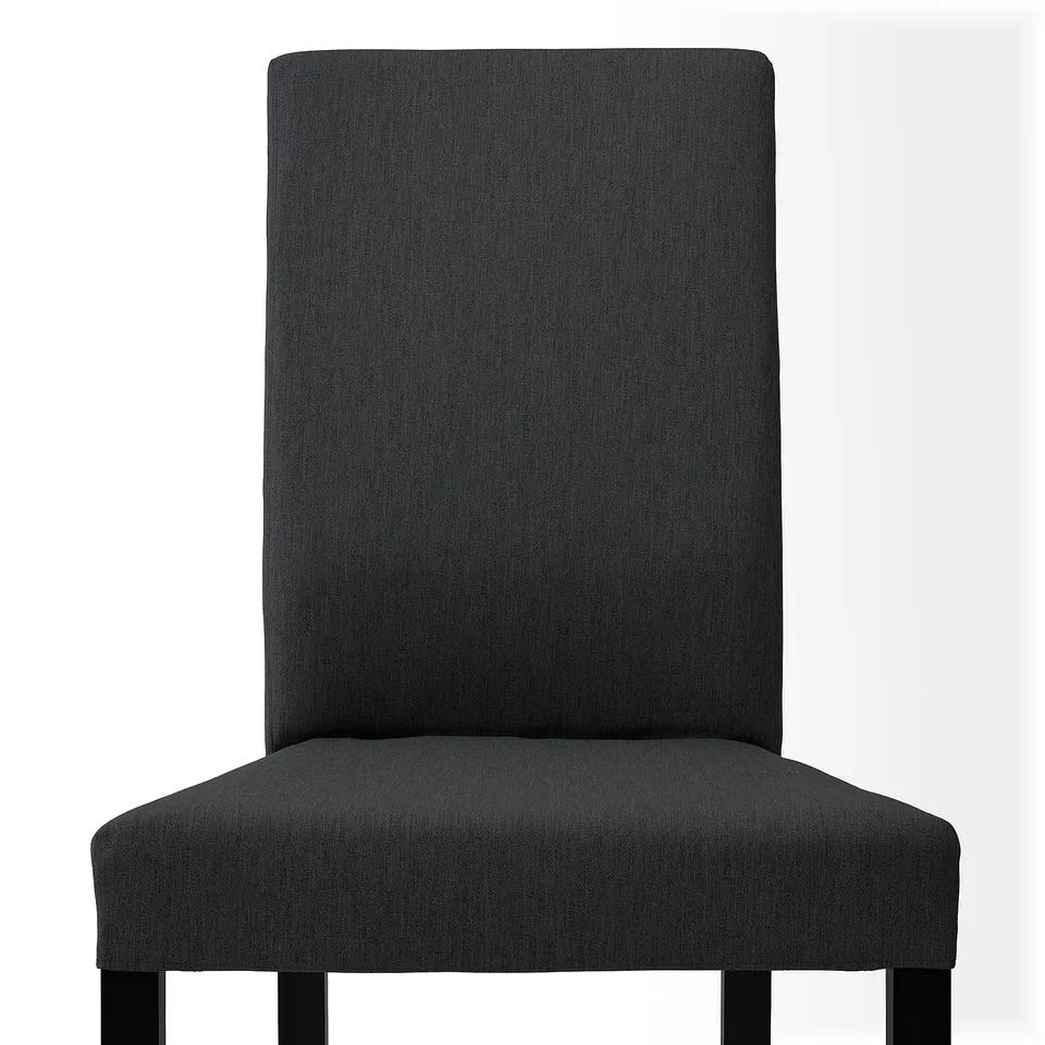 High-back chair with padded seat and back, sleek design, dark grey fabric, sturdy wooden legs, easy-clean cover.