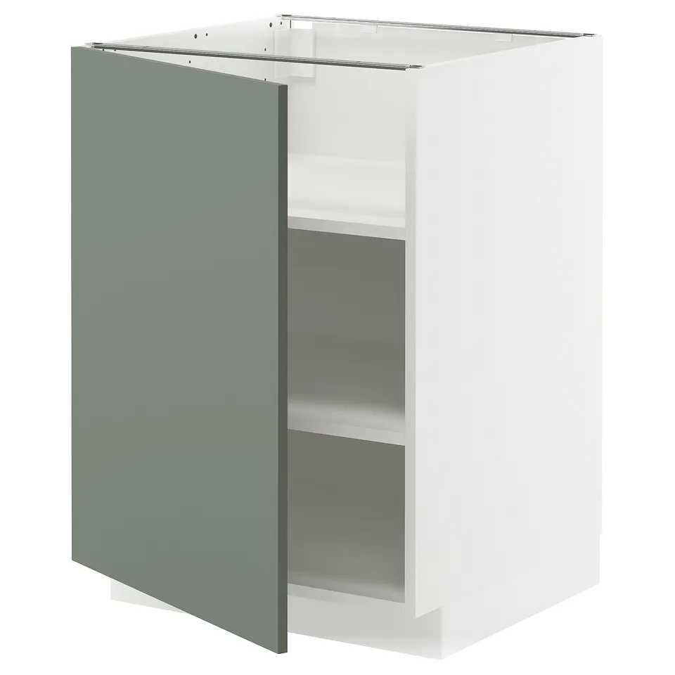 METOD kitchen cabinet in grey-green with adjustable shelves, white frame. Modern design with a sleek, minimalistic look.