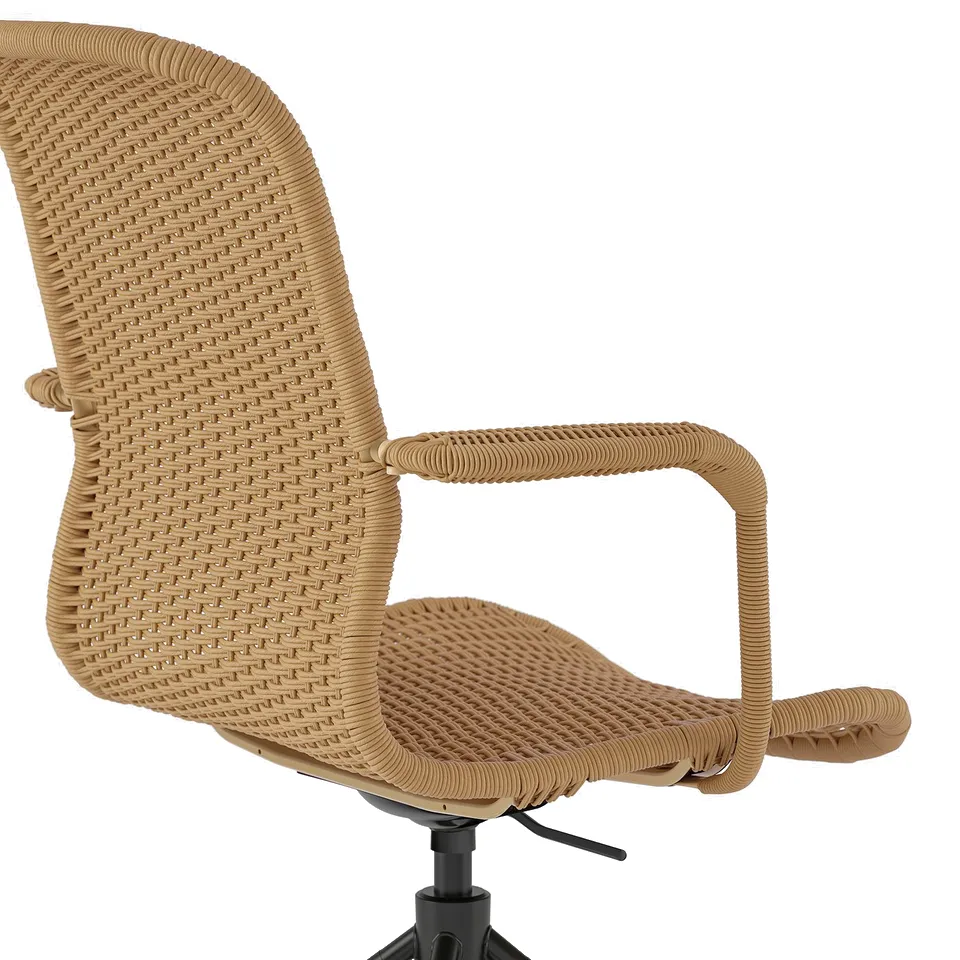 Handwoven beige swivel chair with armrests, featuring a supportive and flexible seat, designed for comfort and durability.