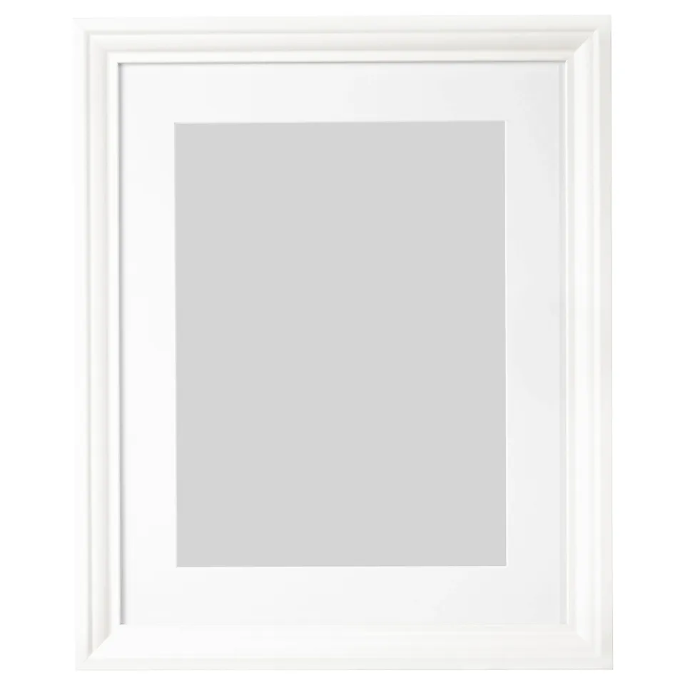 White picture frame, rectangular, simple design, safe plastic cover.