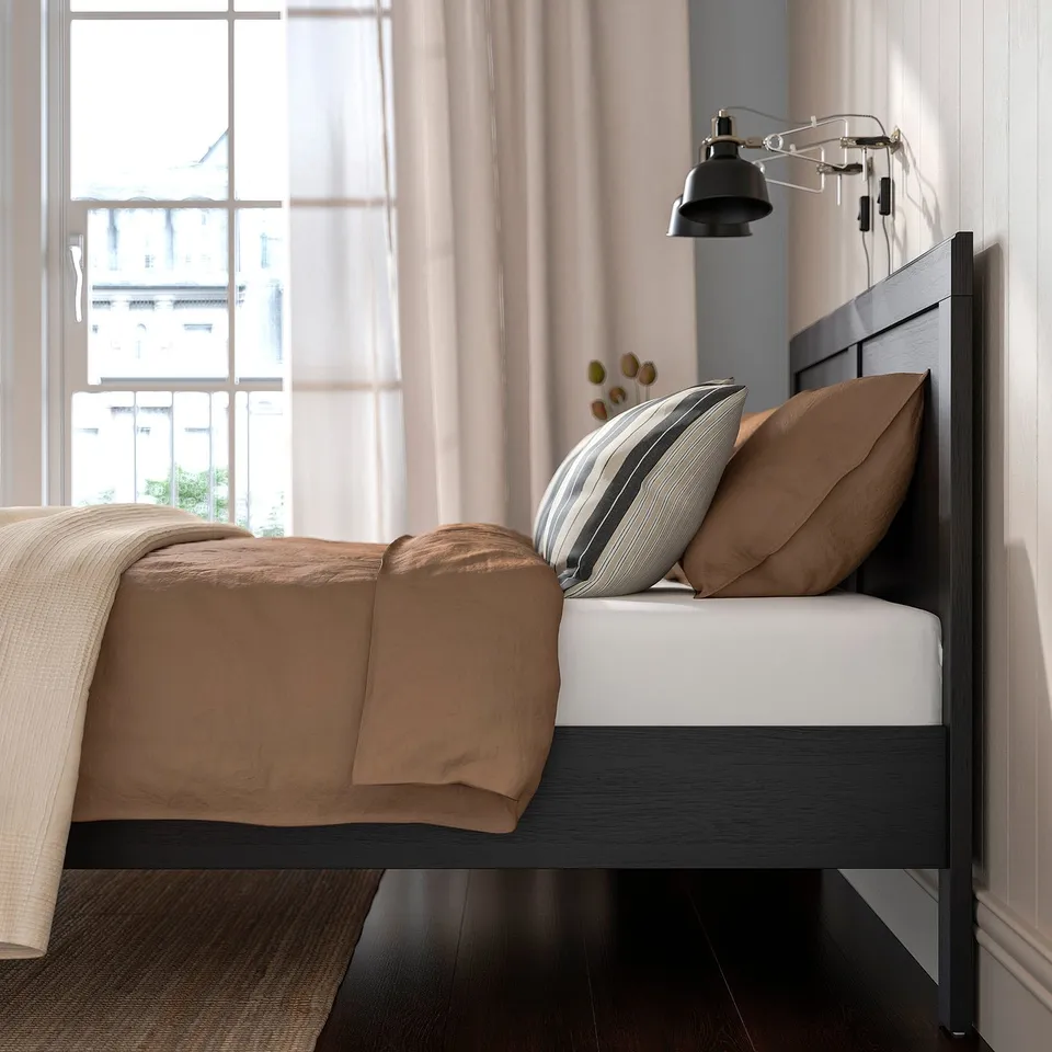 FÅGELFJÄLLET Bed frame, black oak effect/Lönset, 150x200 cm