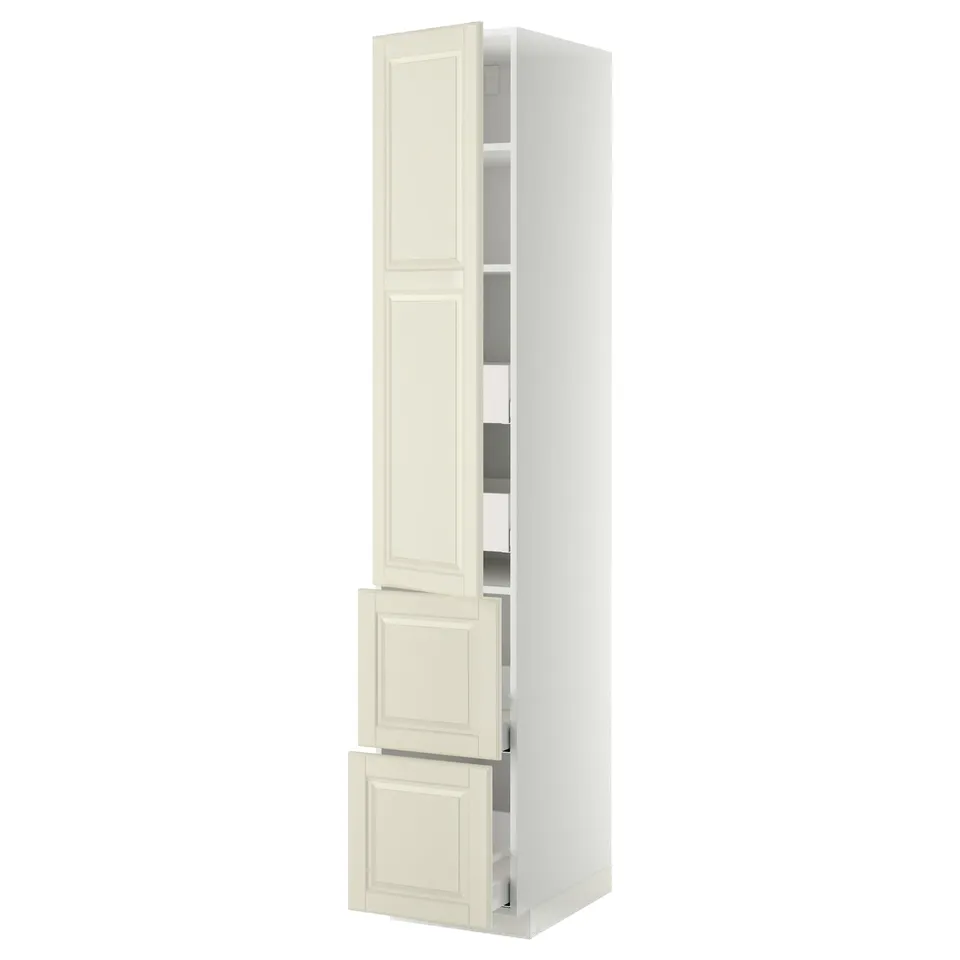 Off-white METOD kitchen cabinet, tall with drawers, shaker-style doors, cream finish.