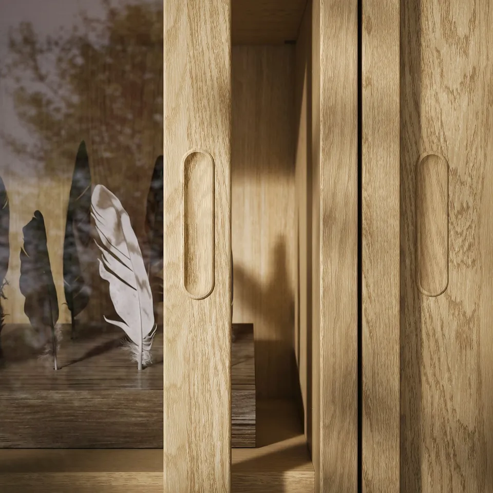 Wooden furniture with elegant handles and brushed veneer, showcasing quality craftsmanship with soft-closing drawers.