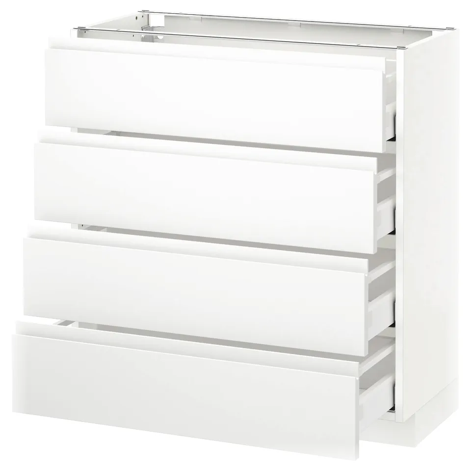 All-white METOD kitchen unit with sleek, modern design and smooth, push-open drawers.