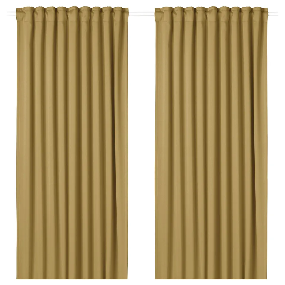 Pair of beige-yellow MAJGULL room darkening curtains with pleated design.