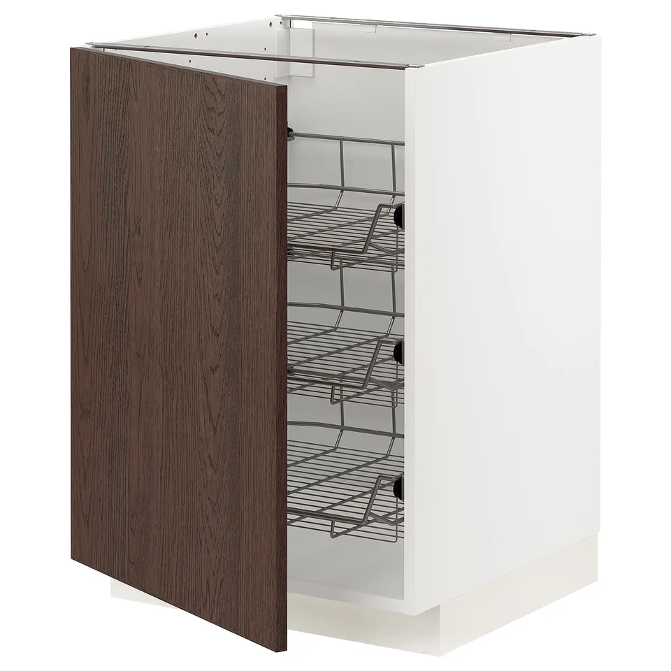 METOD kitchen unit, white & dark brown wood, open door, wire shelves.
