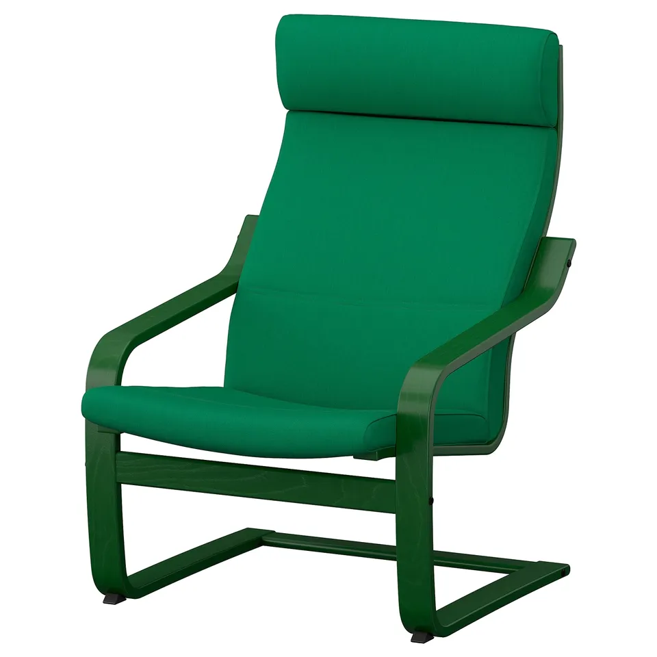 IKEA poang green armchair: comfortable, ergonomic design with high back and armrests.