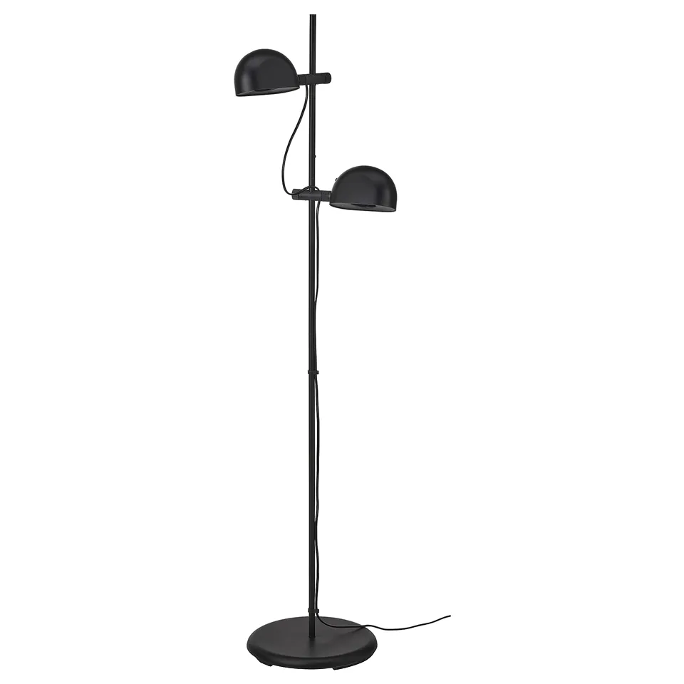 A black FOLKBÅT floor lamp with two adjustable, independently controlled spherical shades.