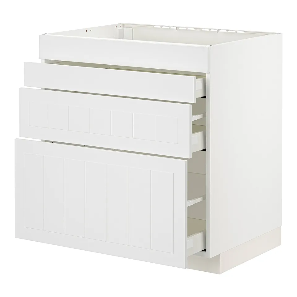 A white METOD kitchen cabinet with multiple drawers. Its a modern design with craft details, in white, featuring smooth-running drawers.