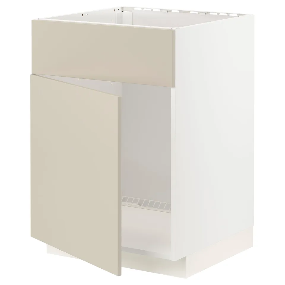 METOD kitchen cabinet in beige with white interior and wooden doors.