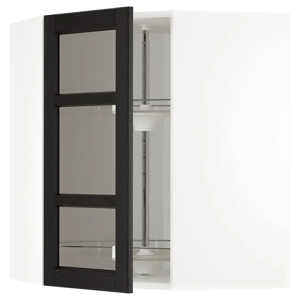 Black kitchen cabinet with frosted glass doors, part of IKEAs METOD system. Adjustable shelves, traditional design.