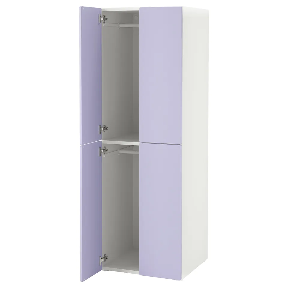 A tall wardrobe with light purple doors and a white body, featuring two open sections with shelves inside, equipped with soft-closing hinges.
