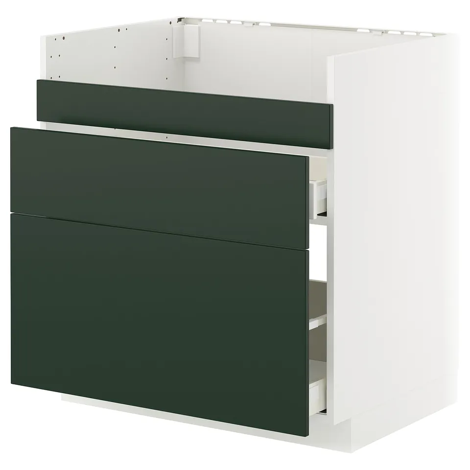 An a modern green-tinted kitchen cabinet with white frame and two drawers.