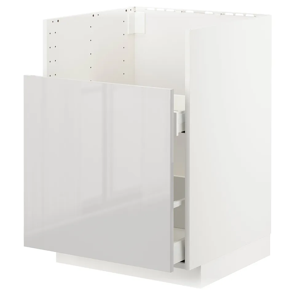 White cabinet from METOD kitchen line, glossy grey drawers, sleek modern design.