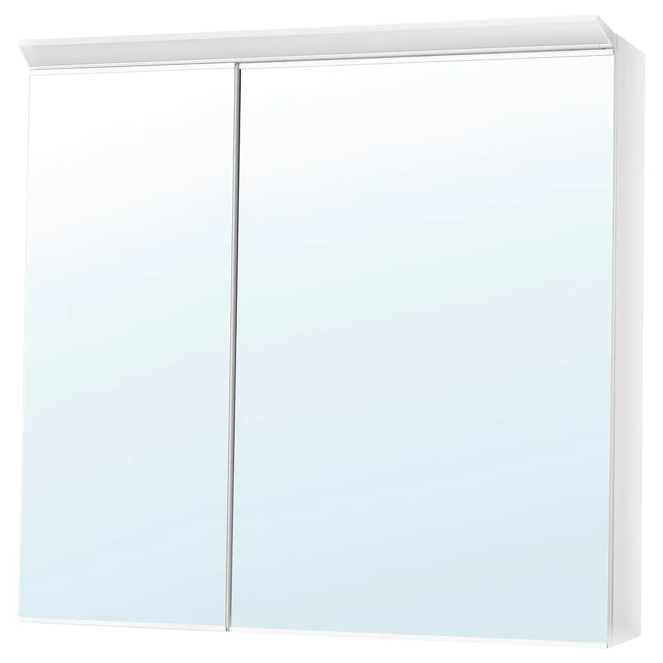 TREASJÖN: white mirror cabinet with led light, wall-mounted, safety film, adjustable shelves.