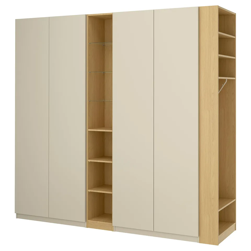 PAX / FORSAND Wardrobe combination, grey-beige grey-beige/oak effect, 255x60x236 cm