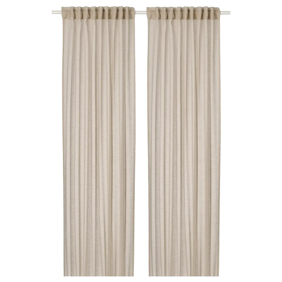 Light beige sheer HÄLLEBRÄCKA curtains, folded in two panels, hang vertically, made from recycled polyester.