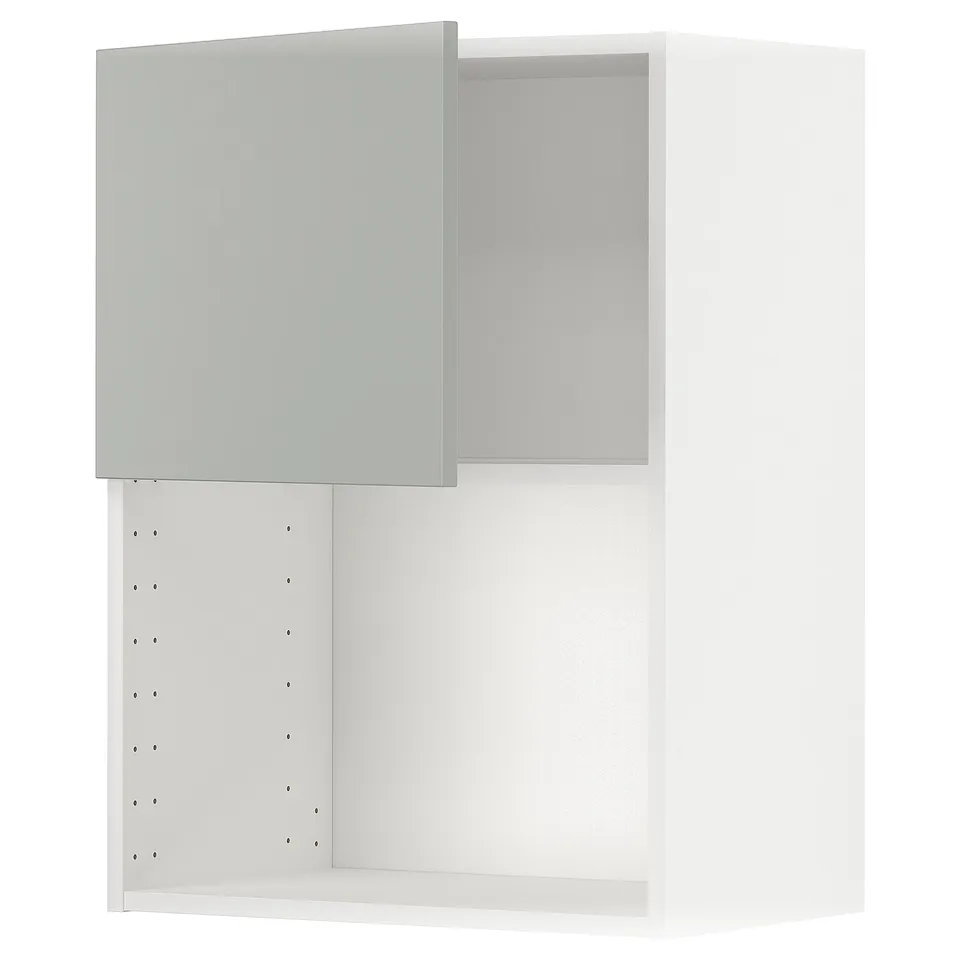 The METOD kitchen cabinet in light grey. Its a modern, rectangular design with a door and open space, made from fibreboard and particleboard.