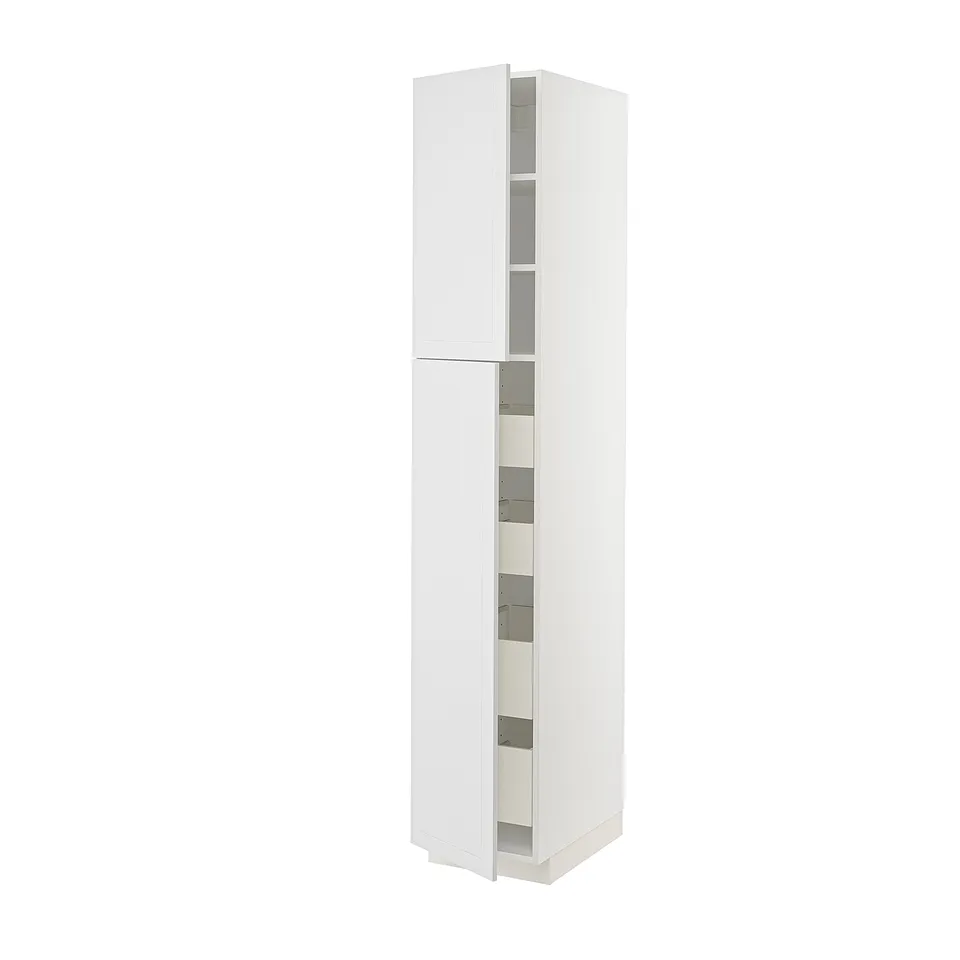 A white METOD kitchen cabinet with built-in shelves. It a sleek, tall design with a smooth finish and modern aesthetic.