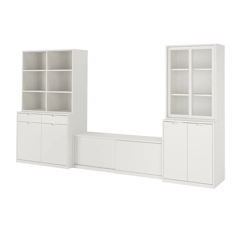 TONSTAD off-white furniture set: tv bench, sideboard, shelving with open/closed storage, adjustable shelves, soft-close drawers, elegant handles